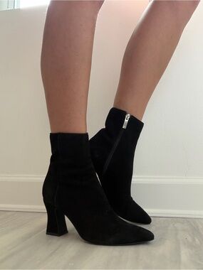 Aquatalia Black Suede Pointed Ankle Boots with Block Heel